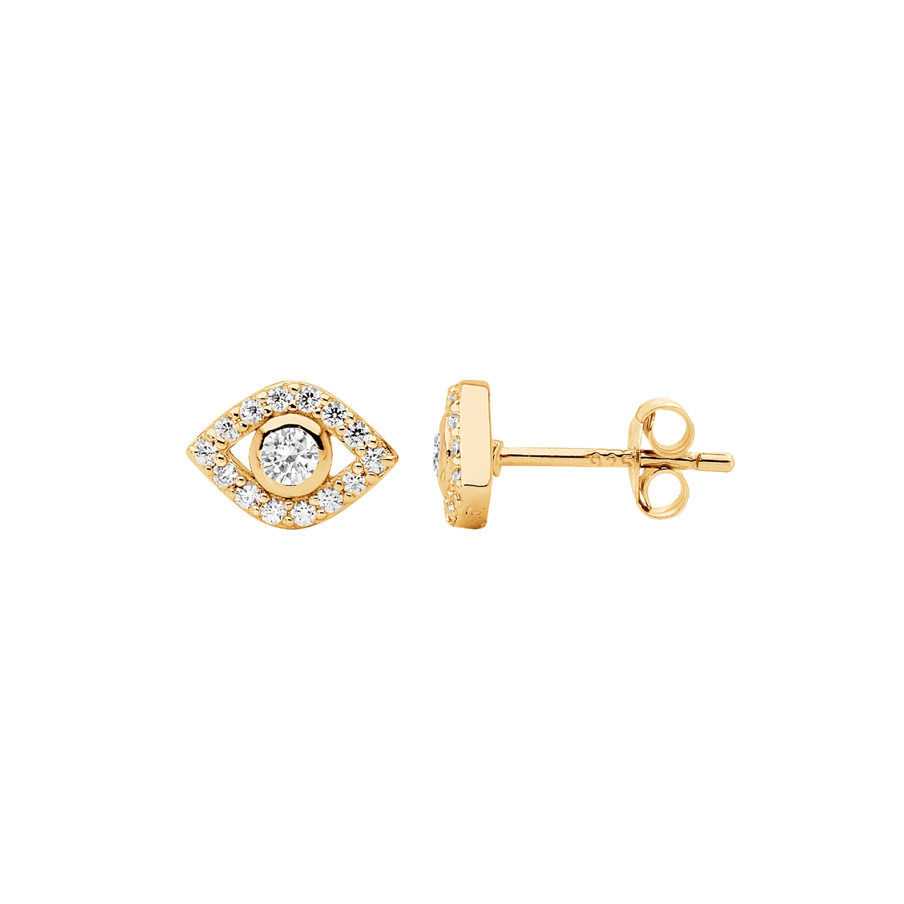 Ss Wh Cz Bezel Set Evil Eye Earrings W/Gold Plating