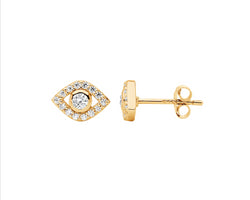 Ss Wh Cz Bezel Set Evil Eye Earrings W/Gold Plating