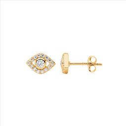 Ss Wh Cz Bezel Set Evil Eye Earrings W/Gold Plating