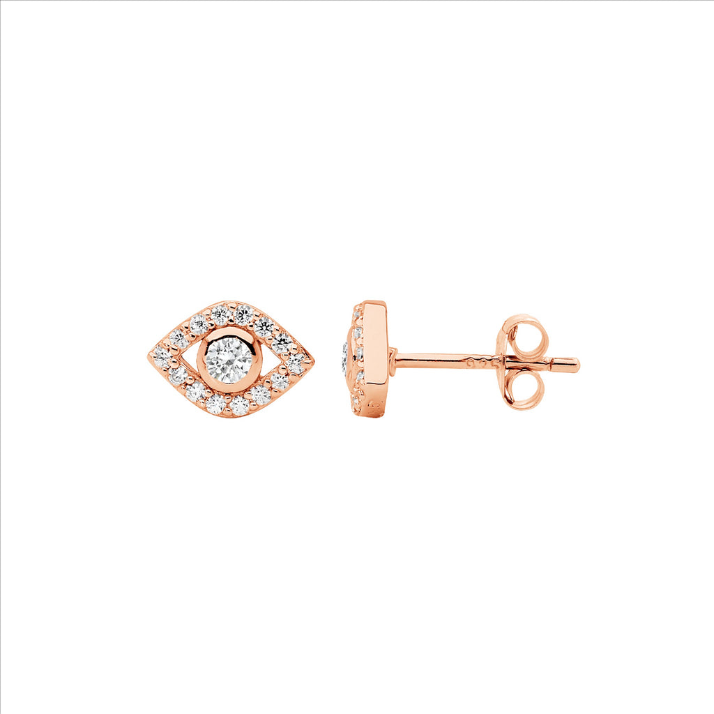 Ss Wh Cz Bezel Set Evil Eye Earrings W/Rose Gold Plating