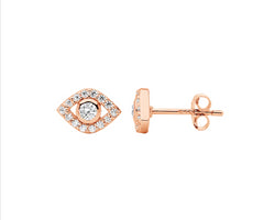 Ss Wh Cz Bezel Set Evil Eye Earrings W/Rose Gold Plating