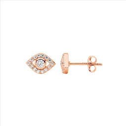 Ss Wh Cz Bezel Set Evil Eye Earrings W/Rose Gold Plating