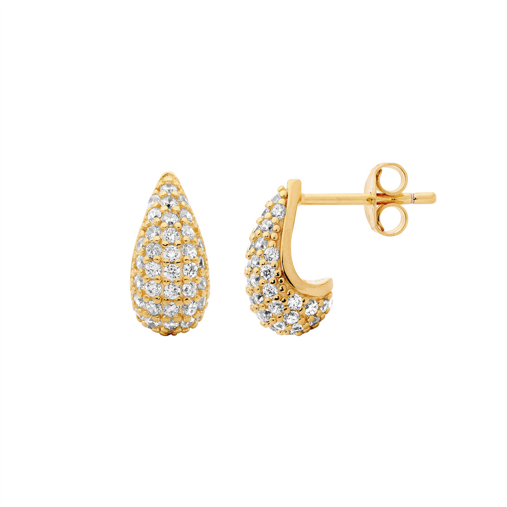 Ss Wh Cz Pave 12Mm Tear Drop Earrings W/Gold Plating