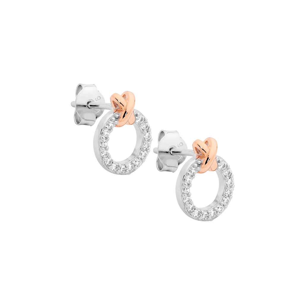 Ss Wh Cz 9Mm Circle W/Rose Gold Plated X" Earrings