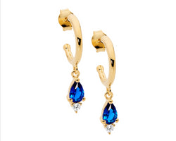 Ss 13Mm Hoop Earrings, Dk Blue Pear & Wh Rnd Cz Drop W/Gold Plating