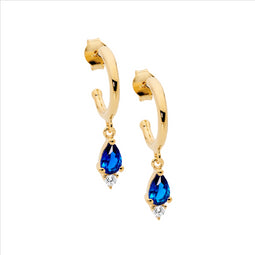 Ss 13Mm Hoop Earrings, Dk Blue Pear & Wh Rnd Cz Drop W/Gold Plating
