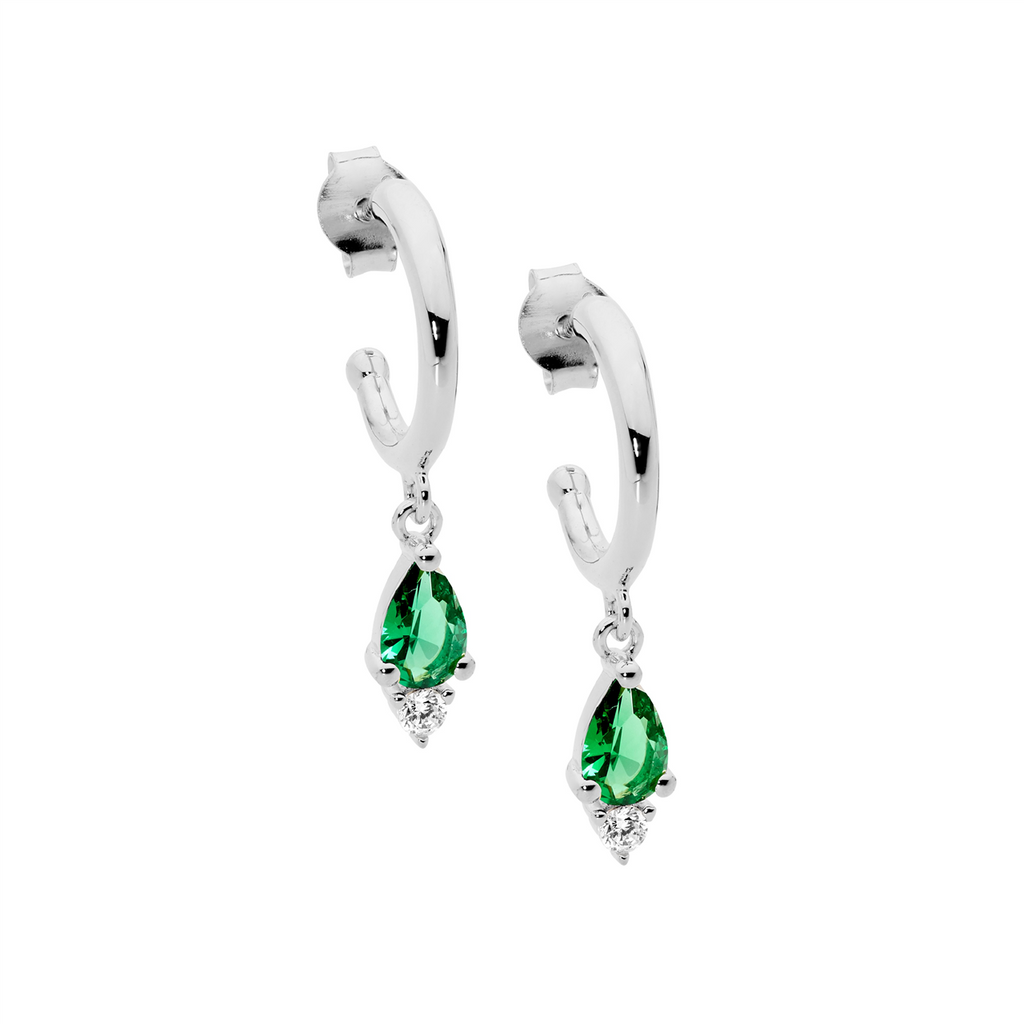 Ss 13Mm Hoop Earrings, Green Pear & Wh Rnd Cz Drop