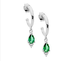 Ss 13Mm Hoop Earrings, Green Pear & Wh Rnd Cz Drop