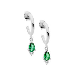 Ss 13Mm Hoop Earrings, Green Pear & Wh Rnd Cz Drop