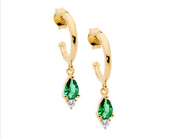 Ss 13Mm Hoop Earrings, Green Pear & Wh Rnd Cz Drop W/Gold Plating