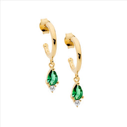 Ss 13Mm Hoop Earrings, Green Pear & Wh Rnd Cz Drop W/Gold Plating