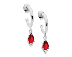 Ss 13Mm Hoop Earrings, Red Pear & Wh Rnd Cz Drop