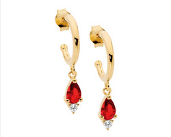 Ss 13Mm Hoop Earrings, Red Pear & Wh Rnd Cz Drop W/Gold Plating