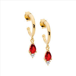 Ss 13Mm Hoop Earrings, Red Pear & Wh Rnd Cz Drop W/Gold Plating