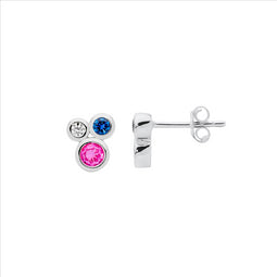 Sterling Silver Bezel Set Multi Colour Cz Cluster Earrings W/Gold Plating