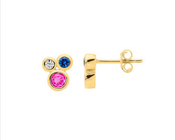 Sterling Silver Bezel Set Multi Colour Cz Cluster Earrings W/Gold Plating