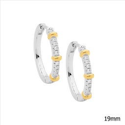Sterling Silver 19Mm Wh Cz Hoop Earrings W/ 3X Gold Plated Bands