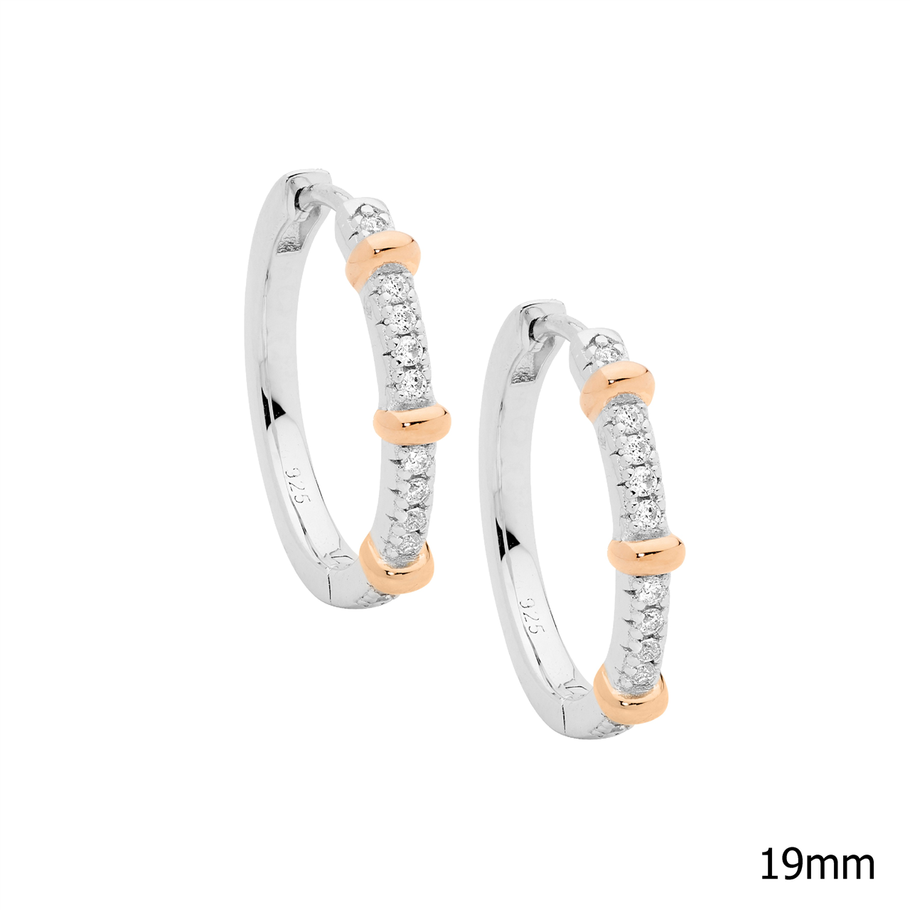 Sterling Silver 19Mm Wh Cz Hoop Earrings W/ 3X Rose Gold Plated Bands