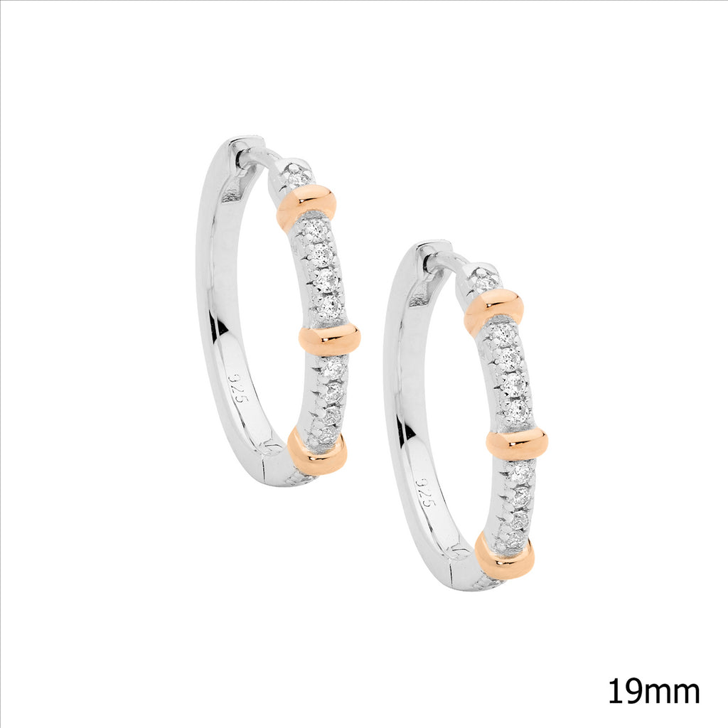 Sterling Silver 19Mm Wh Cz Hoop Earrings W/ 3X Rose Gold Plated Bands