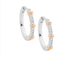 Sterling Silver 19Mm Wh Cz Hoop Earrings W/ 3X Rose Gold Plated Bands