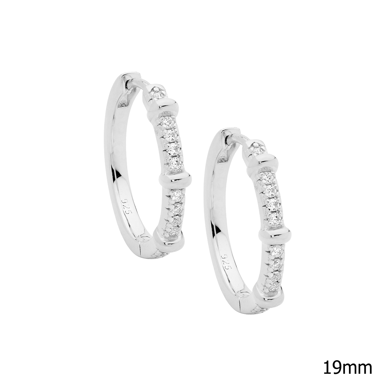 Sterling Silver 19Mm Wh Cz Hoop Earrings W/ 3X Bands