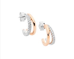 Sterling Silver 13Mm Dble Split Hoop Earrings, 1 Hoop Wh Cz W/Rose Gold Plating