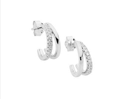 Sterling Silver 13Mm Dble Split Hoop Earrings, 1 Hoop Wh Cz