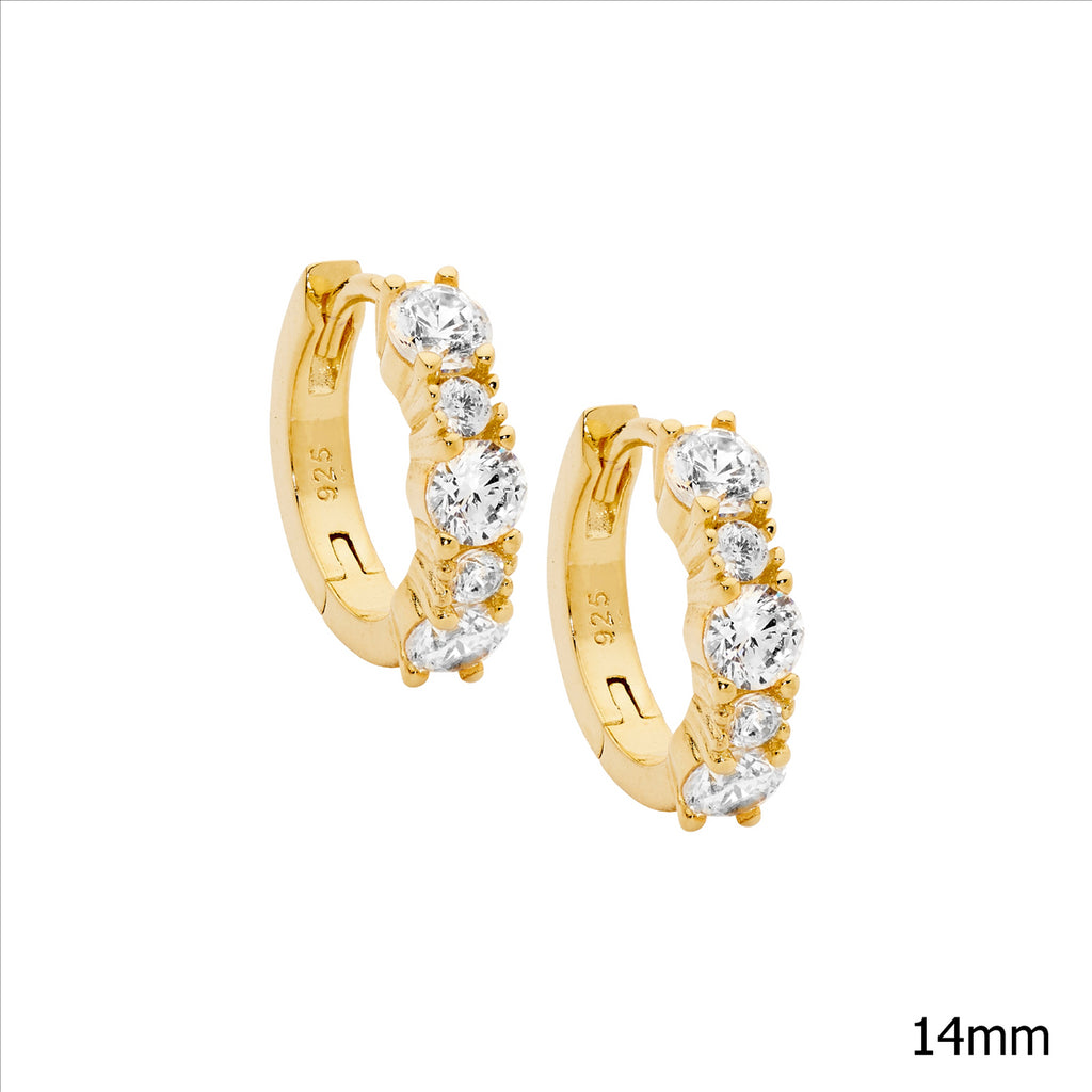 Sterling Silver 14Mm Hoop Earrings W/ 2 & 3.5Mm Wh Cz, Gold Plating