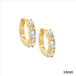 Sterling Silver 14Mm Hoop Earrings W/ 2 & 3.5Mm Wh Cz, Gold Plating