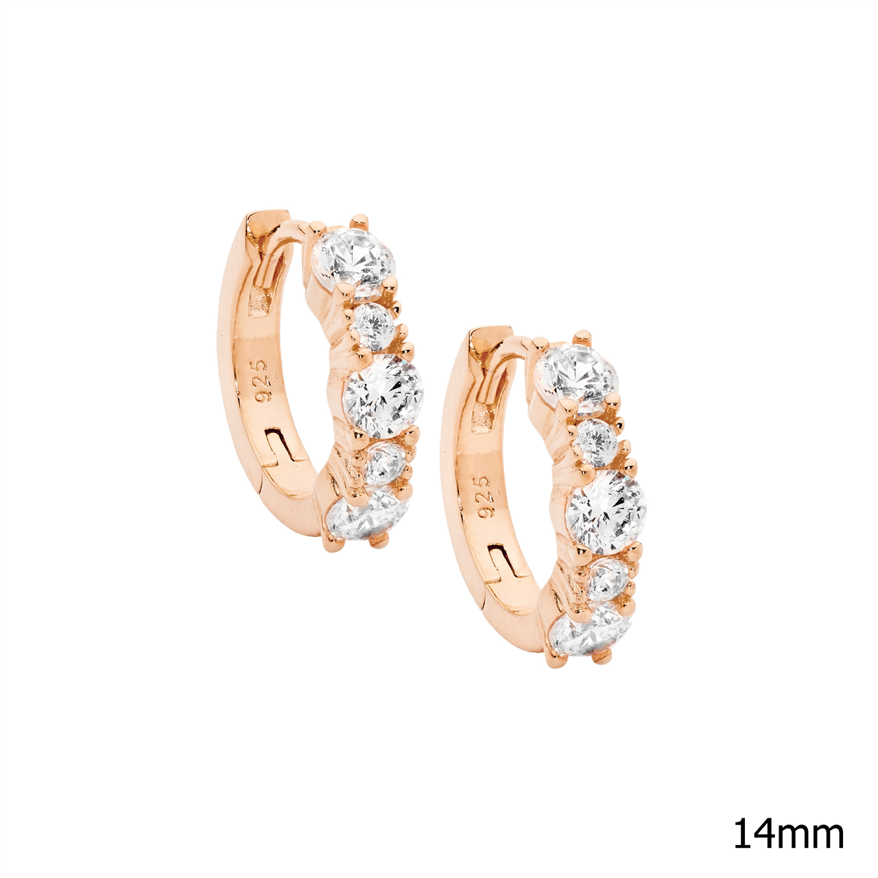 Sterling Silver 14Mm Hoop Earrings W/ 2 & 3.5Mm Wh Cz, Rose Gold Plating