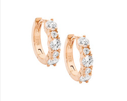 Sterling Silver 14Mm Hoop Earrings W/ 2 & 3.5Mm Wh Cz, Rose Gold Plating