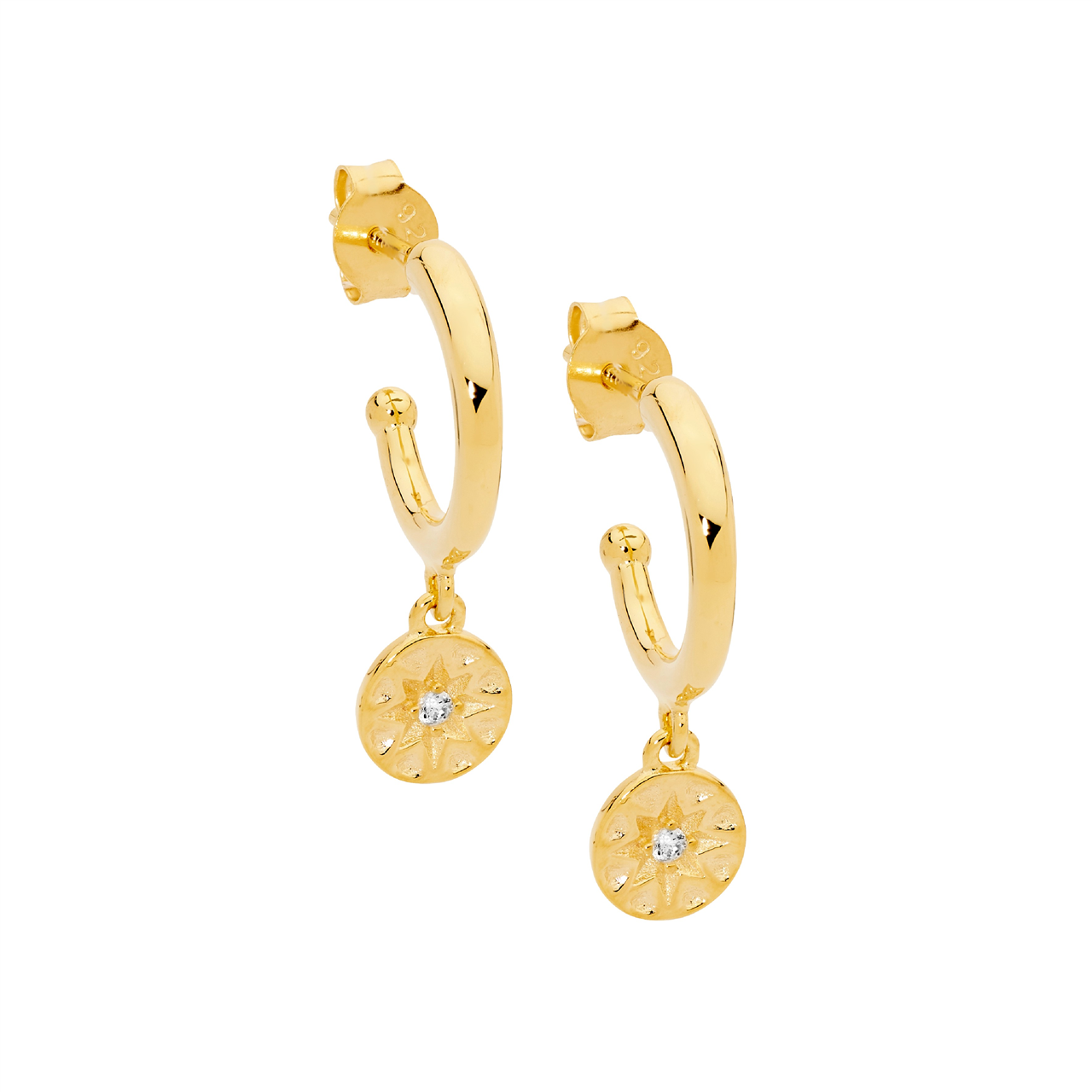 Sterling Silver13mm hoop earrings, wh cz star disk w/gold plating