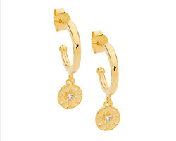 Sterling Silver13mm hoop earrings, wh cz star disk w/gold plating