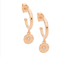 Sterling Silver13mm Hoop Earrings, Wh Cz Star Disk W/Rose Gold Plating