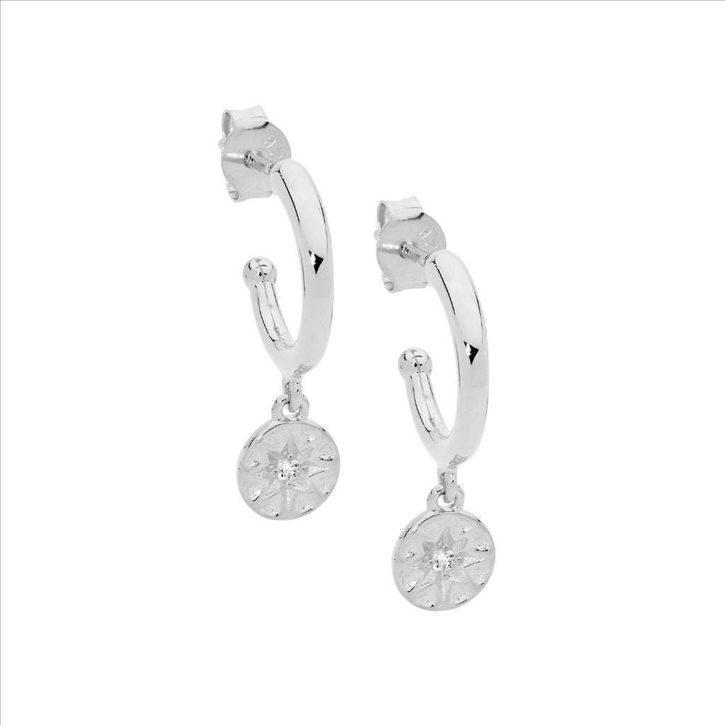 Sterling Silver 13Mm Hoop Earrings, Wh Cz Star Disk