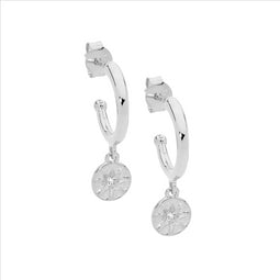 Sterling Silver 13Mm Hoop Earrings, Wh Cz Star Disk
