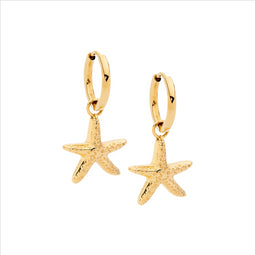 Stainless Steel 11Mm Hoop Earrings W/ Starfish Drop, Gold Ip Plated