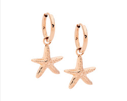 Stainless Steel 11Mm Hoop Earrings W/ Starfish Drop, Rose Gold Ip Plated
