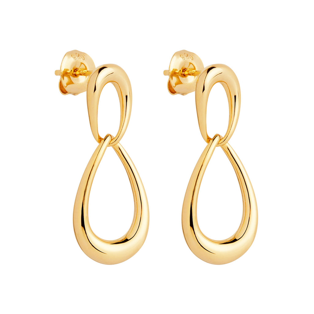 Yellow Gold Plated Silver Large Teardrop Hanging From Small Teardrop Drop Earrings