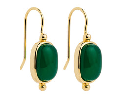 Rectangular Cabochon Green Onyx Yellow Gold Plated Silver Earrings With Fixed Hook