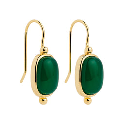 Rectangular Cabochon Green Onyx Yellow Gold Plated Silver Earrings With Fixed Hook