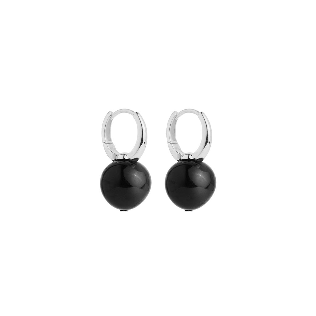 Black Onyx Ball Bead Silver Huggie Earrings
