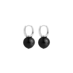 Black Onyx Ball Bead Silver Huggie Earrings