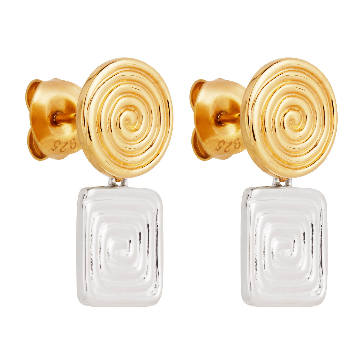 Silver Ridged Square Hanging From Yellow Gold Plated Silver Circle With Stud Fitting