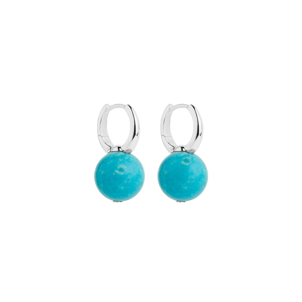 Dyed Turquoise Ball Bead Attached To Silver Huggie Earring