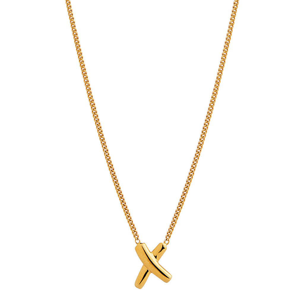 8X10mm Yellow Gold Plated Silver X On 1mm Curb Chain Necklace,