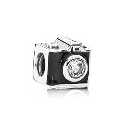 Camera Silver Charm w CZ & Black Enamel