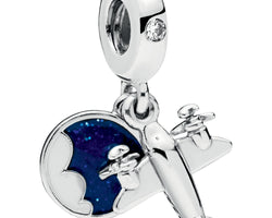 Propeller Plane Silver Hanging Charm w Blue & White Enamel & Clear CZ