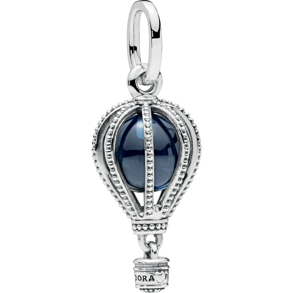 Blue Hot Air Balloon Silver Hanging Charm w Moonlight Blue Crystal