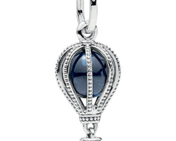 Blue Hot Air Balloon Silver Hanging Charm w Moonlight Blue Crystal